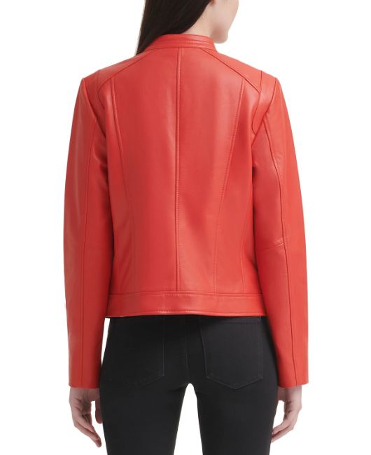Red Moto Style Faux Leather Jacket For Women