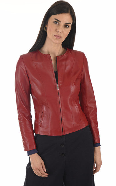 Women Maroon Real Leather Jacket With Collarless Style