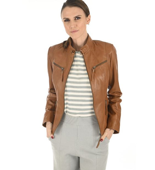 Women Tan Brown Slim Fit Leather Jacket