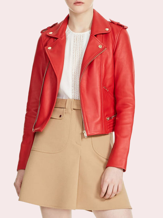 Notched Collar Red Leather Moto Zipper Jacket